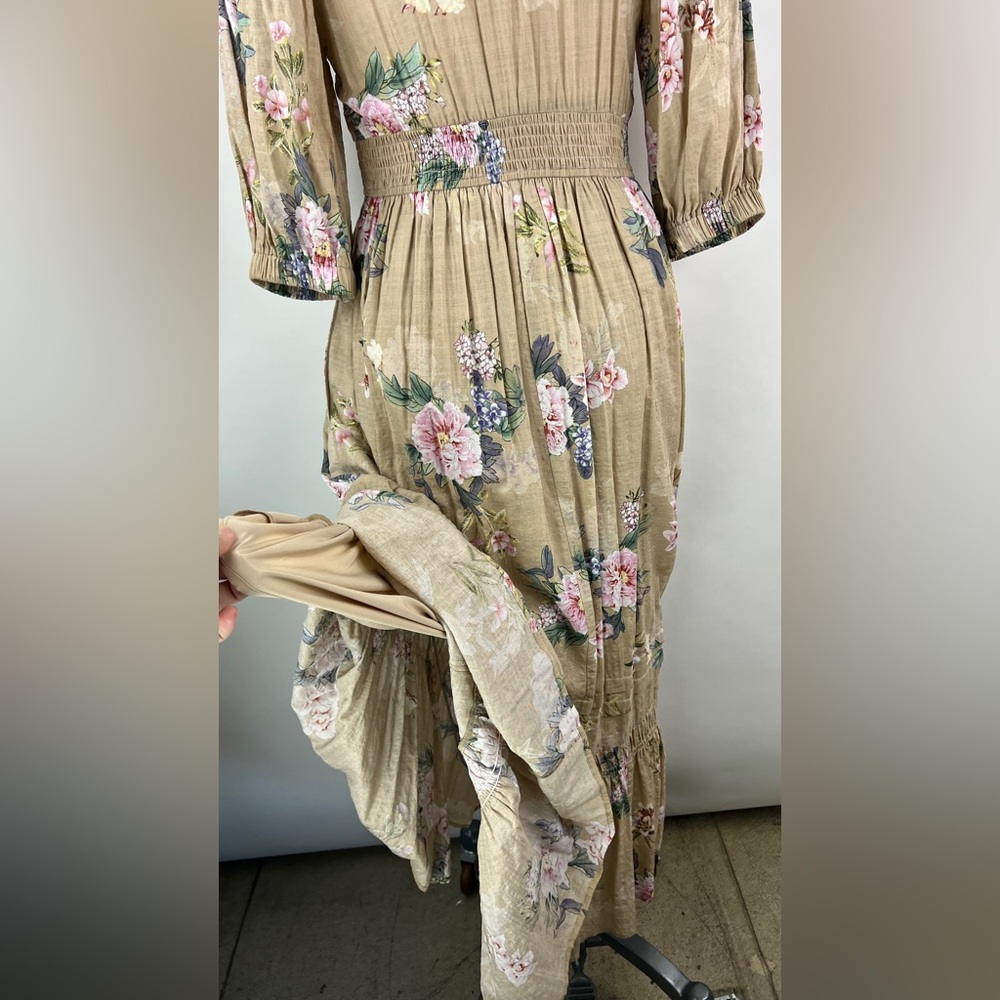 💚 3150. Empire Floral Tan Maxi Dress - Picture 7 of 9